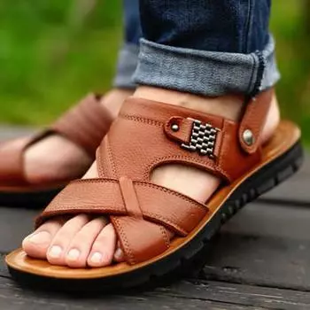 Fashion 2024 New Men s Sandals Luxury Genuine Leather Men Shoes Casual Non-slip Beach Slippers Comfortable Open Toe Men Sandalias 38-47 38 жёлтый