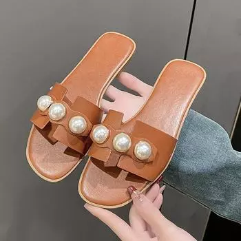 Fashion 2024 New Pearl Flat Bottom Slippers for Women Lightweight Low Heel Beach Slippers Women Shoes Zapatos Mujer 39 шоколадный