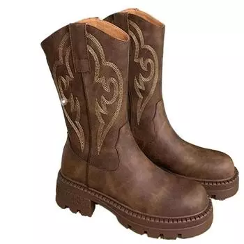 Fashion 2024 New Plus Plush Leather Western Mid Calf Boots Embroider Women Autumn Winter Ankle Boots Ladies Boots 35