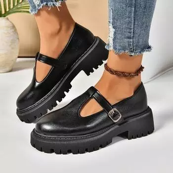 fashion 2024 New Pumps Leather Women Calfskin Mary Janes Metal Buckle Square Toe Platform Ladies Shoes Handmade 35 чёрный