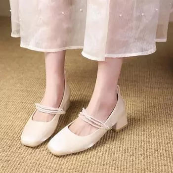 Fashion 2024 New Red Wedding Shoes Square Toe Shallow Pearl Non-slip Mary Sandals Dress for Promenade Rubber Upper Casual Shoes 35 абрикосовый