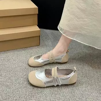 Мода 2024 года, новые ретро женские туфли с круглым носком, повседневные туфли с неглубоким носком в британском стиле на плоской подошве, новые летние платья в стиле колледжа 35 бежевый