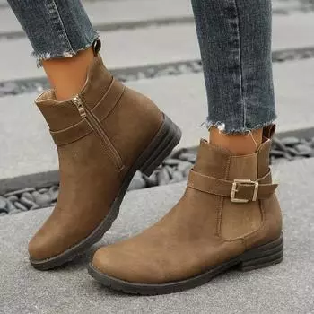Fashion 2024 New Shoes Female High Quality Belt Buckle Women s Boots Fashion Side Zipp Modern Boots Women Hot Sale Round Toe Shoes Women 41 красно-желтовато-коричневый
