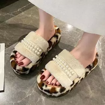 Fashion 2024 New Shoes for Women Open Toe Women s Slippers Autumn Beads Leopard Print Outdoor Platform Casual Comfortable Slippers 35 бежевый