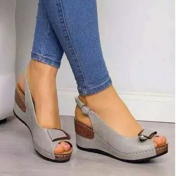 Fashion 2024 New Slope Heel High Fish Mouth Buckle Belt Retro Platform Summer Women Casual Sewing Comfortable Ladies Sandals Large Size 35 чёрный