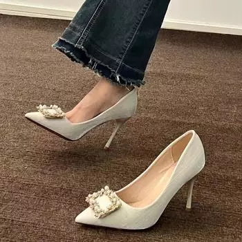 Fashion 2024 New Spring and Autumn Casual Fashion Pearl Wedding Shoes Stiletto Square Rhinestone Sexy and Comfortable High Heels 34 абрикосовый