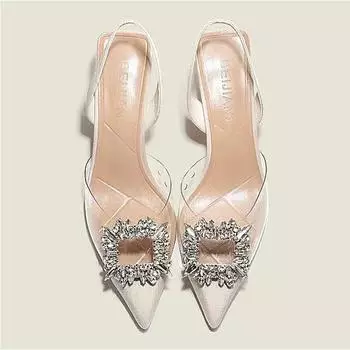 fashion 2024 New Spring and Autumn Fashion New Sexy Banquet Comfortable Crystal Transparent Solid Color Pointed Toe Women s High Heels 35 чёрный