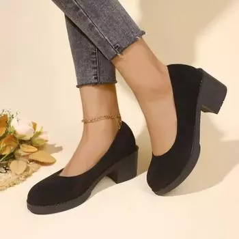 Fashion 2024 New Spring And Autumn Fashion Women s Sole Buckle Thick Heel Shallow Mouth Sexy Back Elevated Shoes 35 чёрный