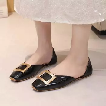 Fashion 2024 New Spring and Autumn Women s Shoes Fashionable Square Toe Shallow Mouth Solid Color Leather Slip-on Women s Flat Shoes 35 чёрный