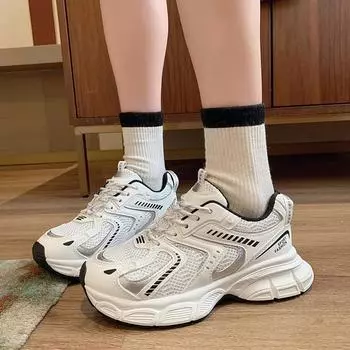 fashion 2024 New Spring and Autumn Women s Shoes Fashionable Color Matching Lace-up Low-top Mesh Breathable Women s Sports Shoes 35 серый