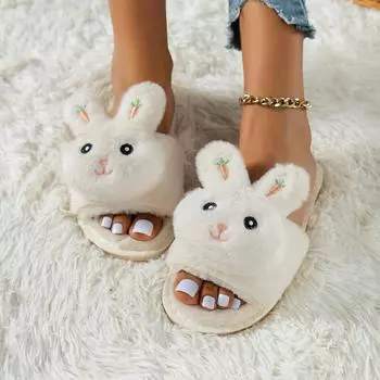 Мода 2024 года, новые весенне-осенние женские тапочки, туфли на плоской подошве с круглым носком для женщин, домашние туфли на плоской подошве с открытым носком, удобные шлепанцы с кроликом 36-37 белый