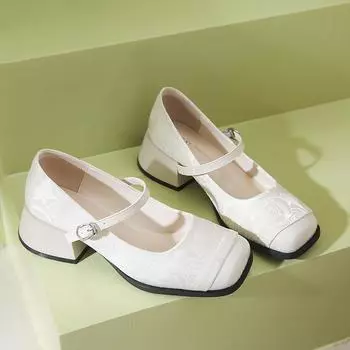 fashion 2024 New Spring High Heel Shoes Women s Flat Shoes French Style Elegant Mary Jane Single Strap Rubber Upper 34 бежевый