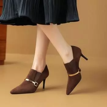 fashion 2024 New Spring Sheep Suede Women Shoes Pointed Toe Women Pumps Shoes for Women Deep Mouth Loafers High Heels 34 чёрный