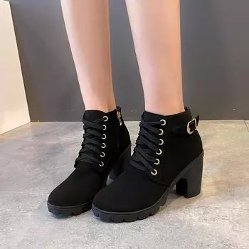 fashion 2024 New Spring Winter Women Pumps Boots High Quality Lace-up European Ladies Shoes PU High Heels Boots Fast Delivery 36 чёрный