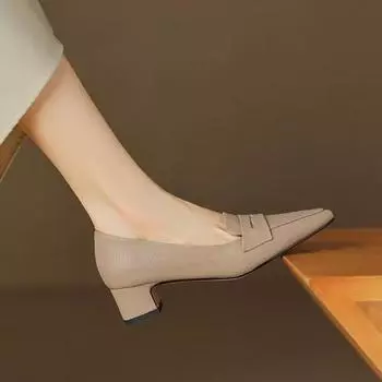 Мода 2024 Новая весна Женские туфли-лодочки из натуральной кожи для женщин Туфли-лодочки с острым носком на среднем каблуке Женские туфли-лодочки Мокасины женские кожаные туфли 34 бежевый