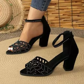 Fashion 2024 New Style Fashionable Women s Sandals Versatile Solid Color Thick Heel Women s Sandals Open Toe Fish Mouth Shoes Zapatos 35 чёрный