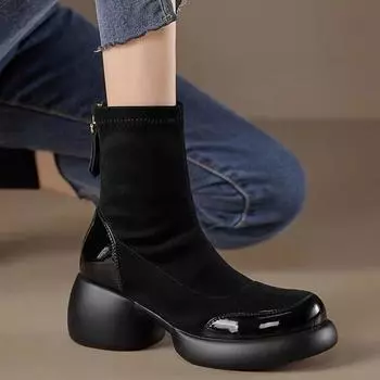 Мода 2024 года, новый стиль, женские эластичные сапоги, сетчатые, красные, популярные, винтажные, с толстой подошвой, короткие сапоги, толстые, на шнуровке 34 чёрный