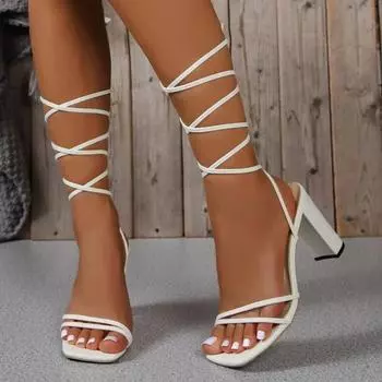 fashion 2024 New Summer Elegant Strap Solid Color Square Toe High Heels Open Toe Fashion Sexy Banquet Women s Shoes 35 чёрный