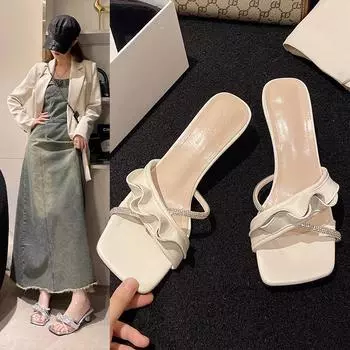 Мода 2024 Новые летние Модные сандалии на высоком каблуке с перекрестными тонкими ремешками и оборкой с бриллиантами 35 белый