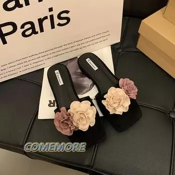 Fashion 2024 New Summer Slippers for Women‘s Flower Casual Silver Beach Sandals Ladies Shoes Flip Flop Square Head Low Heels for Comfort 35 чёрный