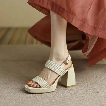 Fashion 2024 new summer Square head Fashion Buckle Strap Sandals Comfortable thick bottom Roman Sandal Woman Open Toed high heels Shoes 34 бежевый