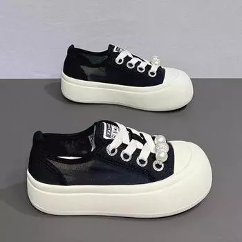 Fashion 2024 New Summer White Chunky Sneakers Women Canvas Shoes Platform Loafers Lace Up Flats Trend Casual Mom Vulcanized Shoes 35 бежевый