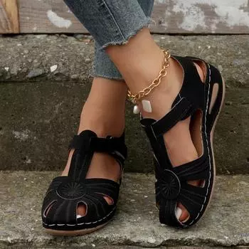 Мода 2024 Новые летние женские босоножки на танкетке в стиле ретро с нескользящей пряжкой 36 чёрный