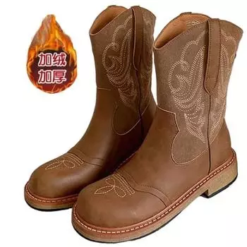 Fashion 2024 New SyfIyno Leather Western Mid Calf Boots Embroider Women Autumn Winter Ankle Boots Ladies Boots Warm cotton shoes 35