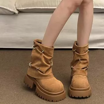 Fashion 2024 New Thick Sole Ankle Boots Women s High Heels Winter Plush Warm Metal Ring Decoration Trendy Design Short Fashion Boots 35 верблюд