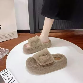 Мода 2024 года, новые плюшевые тапочки на толстой подошве, увеличивающие рост, для женщин, осень и зима, модные домашние плюшевые тапочки 35 бежевый