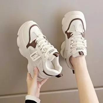 Fashion 2024 New White Black Casual Shoes Ladies Vulcanized Shoe High Platform Leather Sneakers Woman Summer Women Chunky Sneaker 35-40 35 бежевый