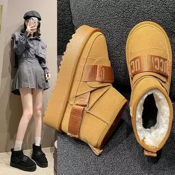 Fashion 2024 New Winter Frosted Cowhide Snow Boots Flat Platform Elevated Shoes Women Boots Non-slip Casual Warm Cotton Boots 35 чёрный