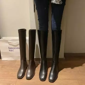 Fashion 2024 New Winter Leather Women Knee High Boots Motorcycle Square Toe Zip Footwear Low Heels Female Riding Boot Woman Long Boots99 35 чёрный