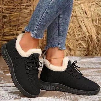 Fashion 2024 New Winter Sports Women s Boots Fashionable Round Toe Solid Color Warm and Comfortable Lace-up Low-top Women s Boots 36 чёрный
