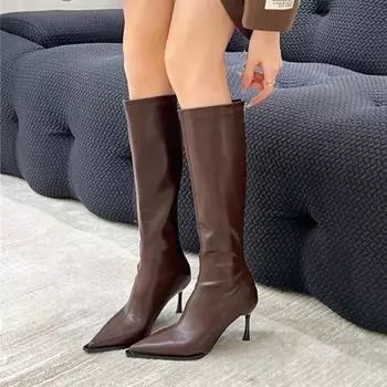 Fashion 2024 New Winter Women s Pointed Toe High Stiletto Heel Pleated Knee High Boots Women s Mid-Leg Comfortable Zapatos De Mujer 35 чёрный