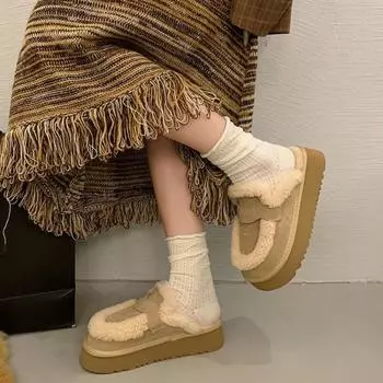 Fashion 2024 New Winter Women s Thick-soled Plush Slippers Retro Warm Flat-soled Home Cotton Shoes Women s Casual Slippers 35 хаки
