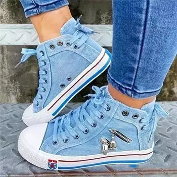 Fashion 2024 New Women Canvas Shoes Retro Lace Skull Light Blue Retro Denim High Top Sneakers Classic Metal Decoration Casual Zapatillas 35 темно-синий