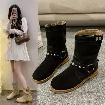 Fashion 2024 New Women Faux Suede Ankle Boots Thick Low Heels Round Toe Western Cowboy Boots Big Size Autumn Winter Casual Leather Shoes 35 чёрный