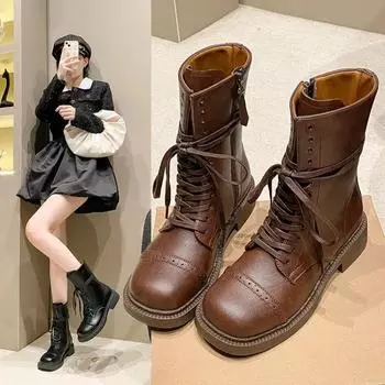 Fashion 2024 New Women s Ankle Boots Lace-up Girl Cowboy Trend New Rock Punk Fashion Low Heel Designer Shoes Round Toe Leather Boots 35 чёрный