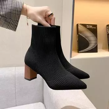 Fashion 2024 NEW Women s Boots Metal Square Heels Socks Boots Women Beige Casual Stretch Fabric Elastic Pointed Toe Breathable Shoes 35 бежевый