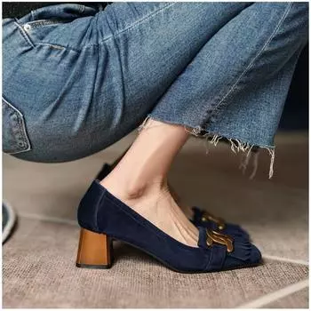 Fashion 2024 New Women s Faux Suede Tassel High Heels Metal Mid Heel Boat Shoes Wood Grain Heel Slip on Dress Shoes Office 34 абрикосовый