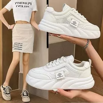 Мода 2024 года, новые женские туфли на плоской подошве, повседневные женские спортивные туфли с толстой подошвой и круглым носком, новые летние туфли для ползания 35 белый