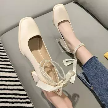 Fashion 2024 New Women s High Heels Bow Tie Thick Heel Square Toe Womens Shoes Shallow Mouth Mary Jane Shoes Fashion Party Shoes Zapatos 34
