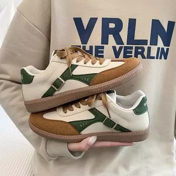 Fashion 2024 New Women s Leather Sneakers Round Toe Flat Shoes Mixed Color Stitched Women s Fashion Lace-up Training Shoes 36 зелёный