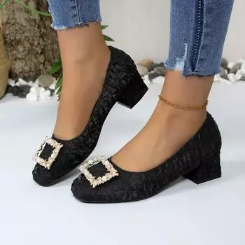 Fashion 2024 New Women s Round Toe Pearl Metal Decorated Thick Heels Fashionable and Elegant High Heels 35 чёрный