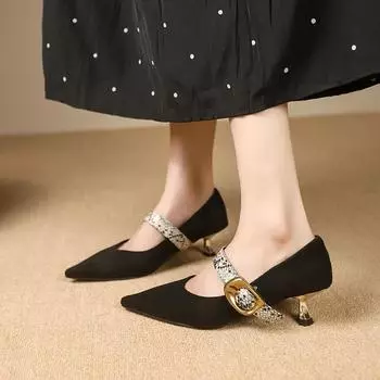 fashion 2024 New Women s Shoes Buckle Strap Women s High Heels Fashion Metal Decoration Office and Career Sexy Pointed Toe Heels Women 35 чёрный