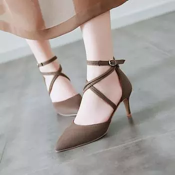 Fashion 2024 Pointed Toe Thin High Heels Pumps Ankle Strap Cross Tied Green Black Womens Shoes Stiletto Sandals Summer Plus Size 34-43 34 хаки