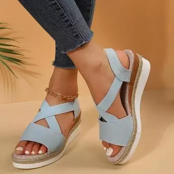 Модная обувь 2024 года для женщин, женские сандалии с эластичной резинкой, модные повседневные сандалии для женщин, горячая распродажа, босоножки на танкетке с открытым носком Zapatos 42 покинуть белый
