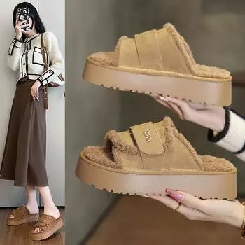 Модные тапочки 2024 года, меховые туфли на толстой подошве, зимняя обувь, тапочки с закрытым носком, женские плюшевые тапочки на плоской подошве 35 малиновый