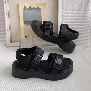 Fashion 2024 Spot Large Size Summer New Thick Sole Casual Roman Sandals Women s Cross Border Round Head Buckle Shoes Platform Shoes 35 чёрный